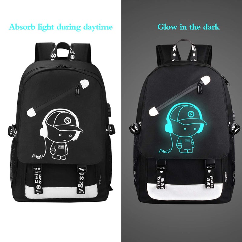 FEWOFJ School Backpack for Boys, Cartoon Luminous Bookbag 15.6inch Laptop Bag with USB Charging Port - Music Black - Image 5